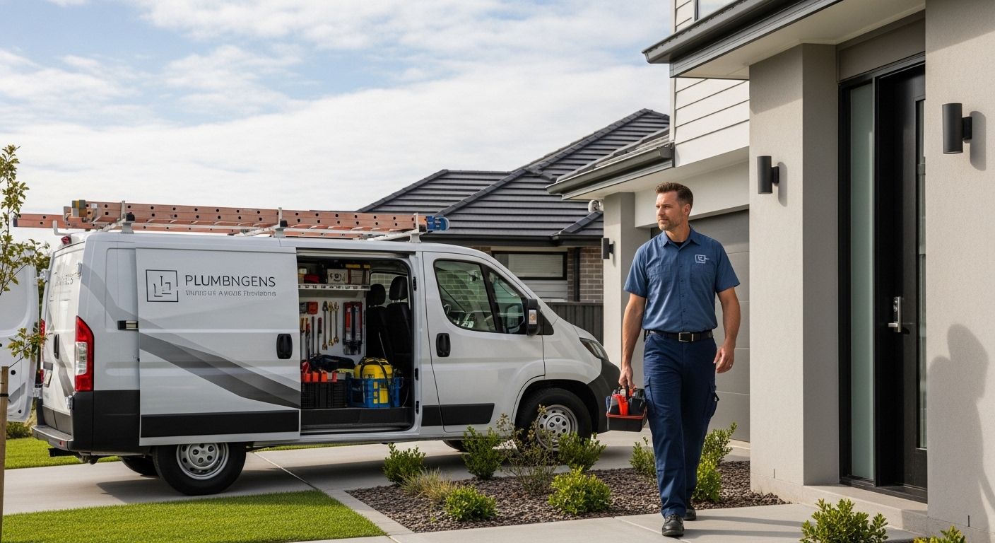 Professional plumber arriving for service with tools and a clean branded vehicle