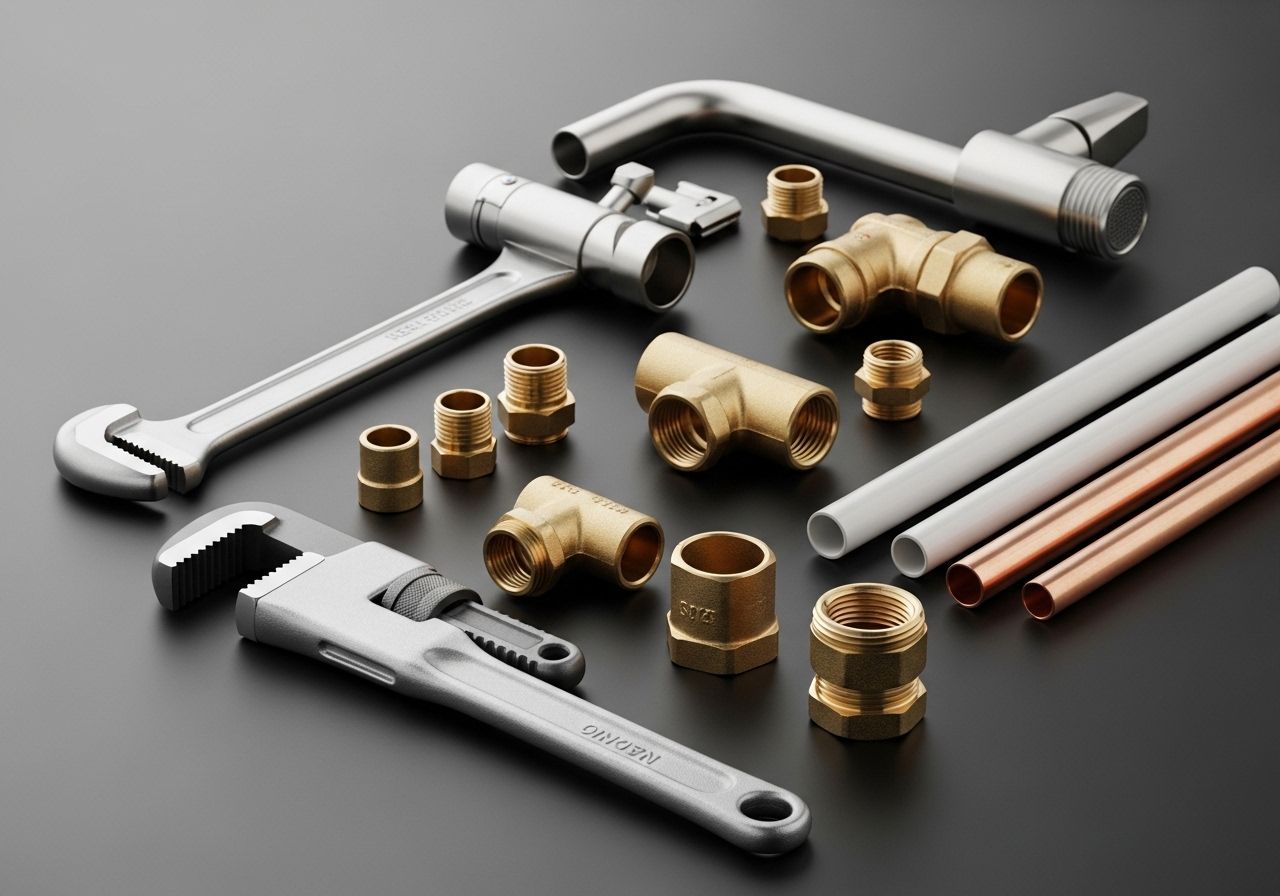 Clean close-up of modern plumbing tools and fittings